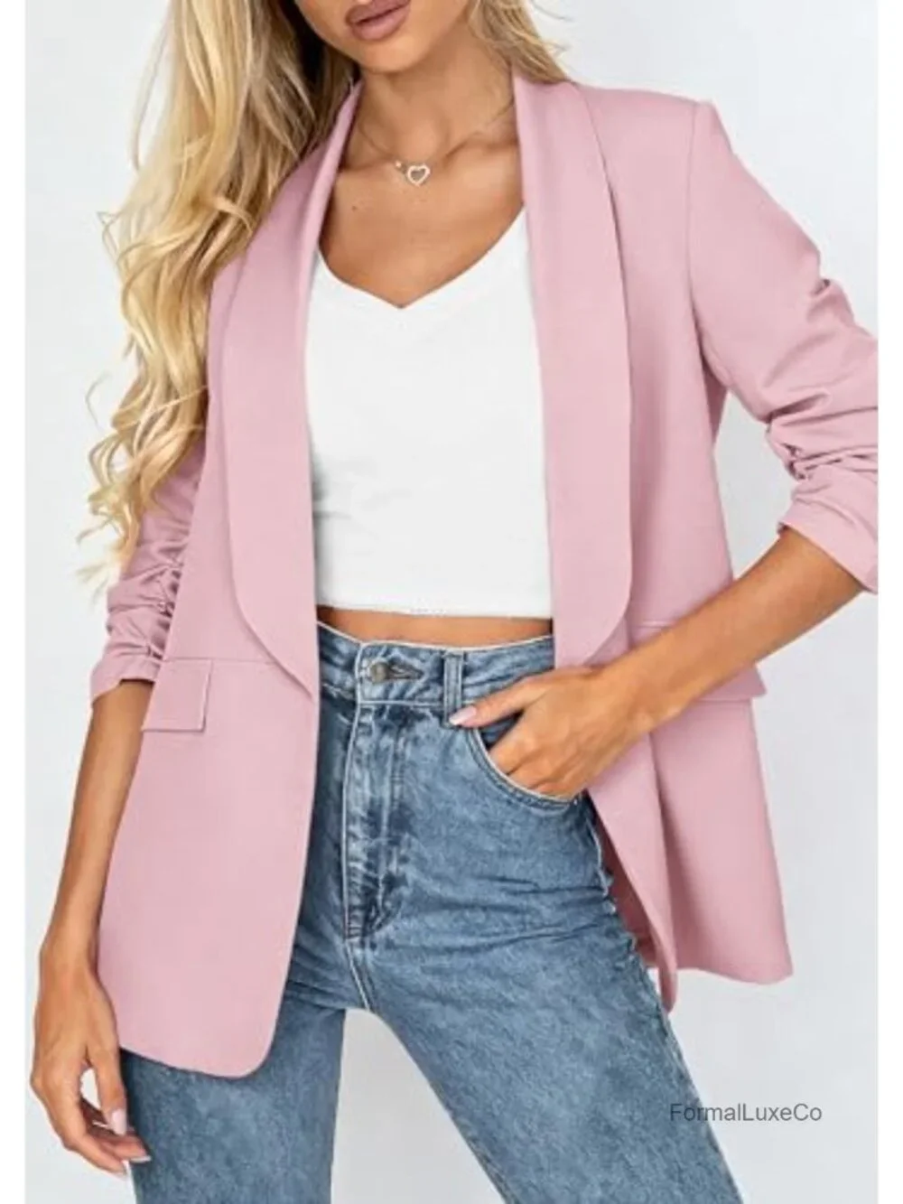 Open Front Ruched 3/4 Sleeve Blazer Business Casual Lightweight Work Suit Jacket